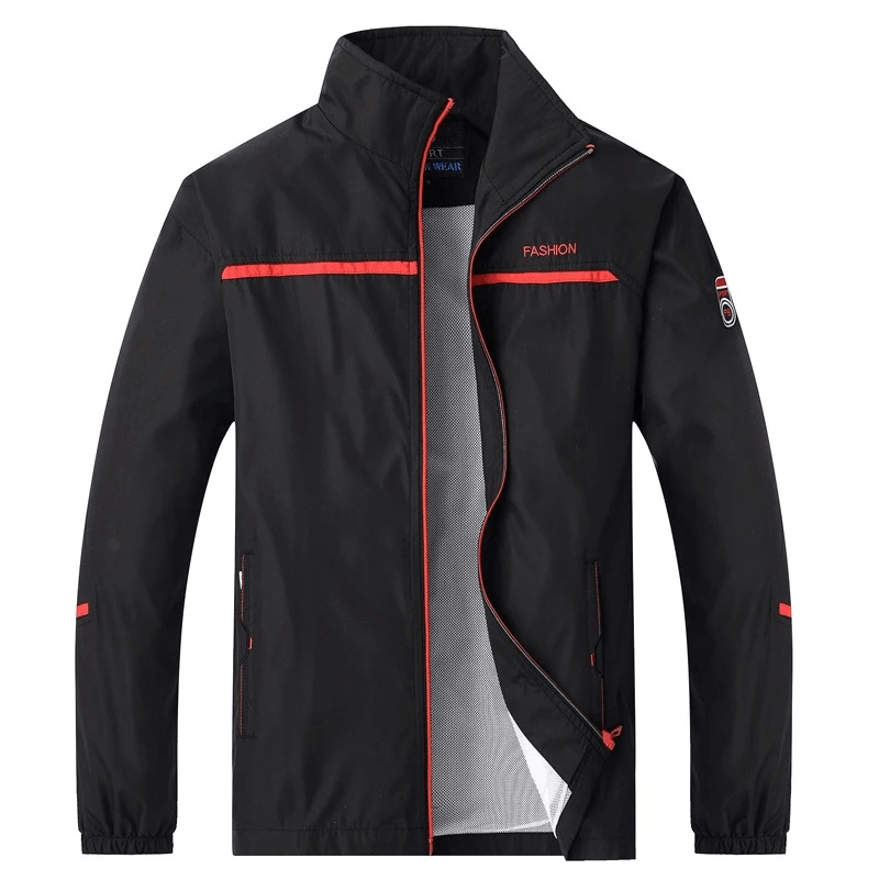 Men's stylish black zip-up athletic jacket with red accents and mandarin collar, perfect for outdoor sports outfit SF2037.
